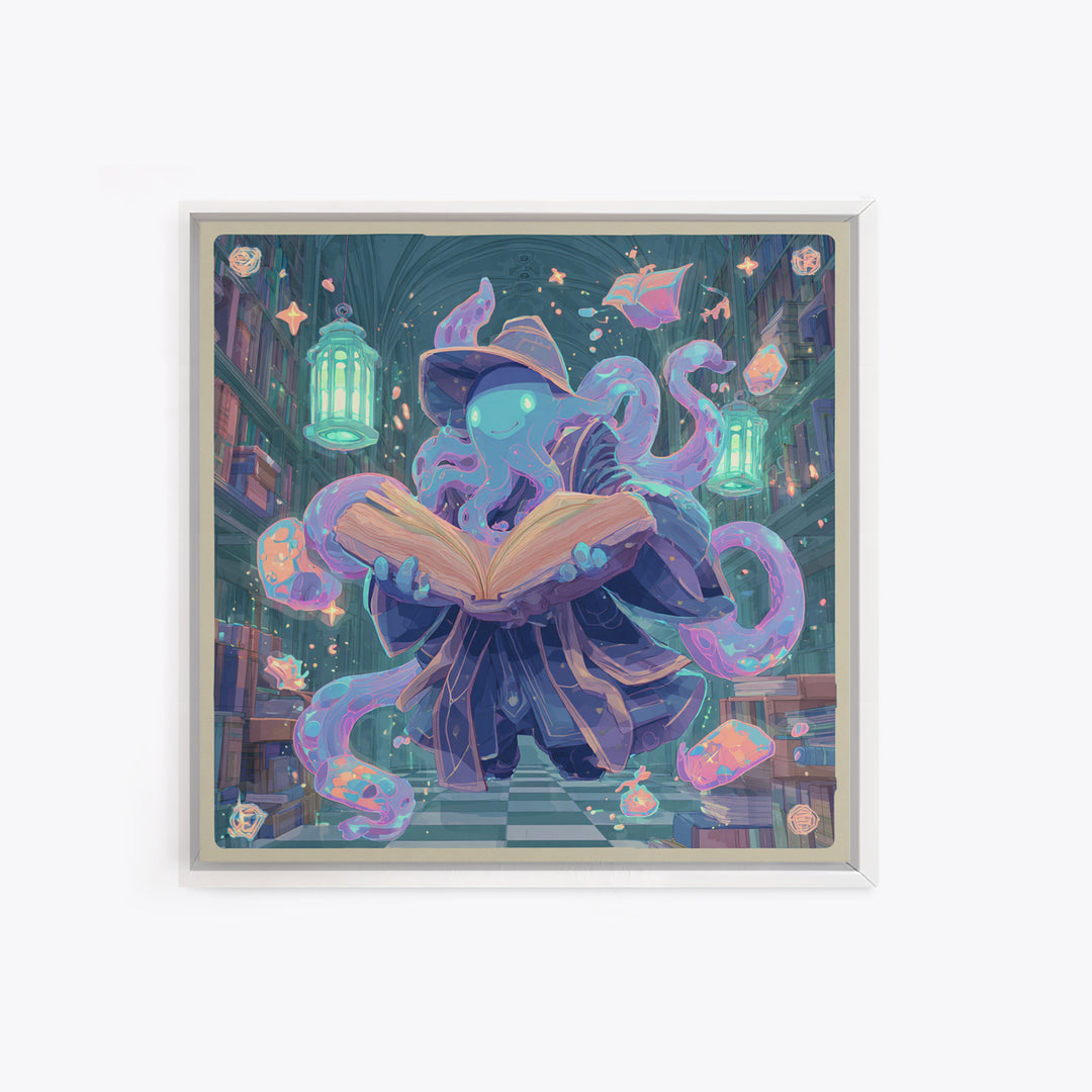 The Librarian Of Forbidden Tides, Cute Spooky Neon Art, Square Wall Art, Canvas Print, Retro Halloween Decor, Neon Wall Art
