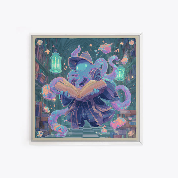 The Librarian Of Forbidden Tides, Cute Spooky Neon Art, Square Wall Art, Canvas Print, Retro Halloween Decor, Neon Wall Art