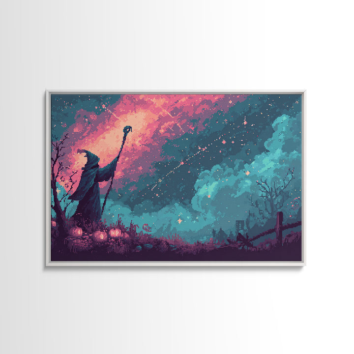 The Star-Seer Of Black Dunwich, Cute Spooky Neon Art, Landscape Wall Art, Framed Canvas Print, Retro Halloween Decor, Neon Wall Art