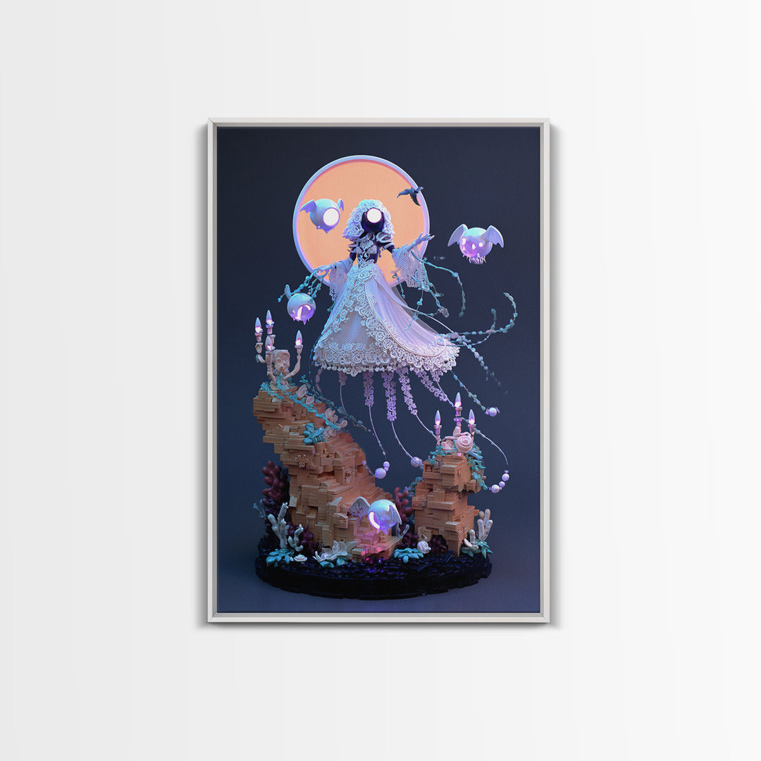 The Bride Of The Abyssal Moon, Cute Eldritch Neon Art, Vertical Wall Art, Framed Canvas Print, Retro Halloween Decor, Neon Wall Art