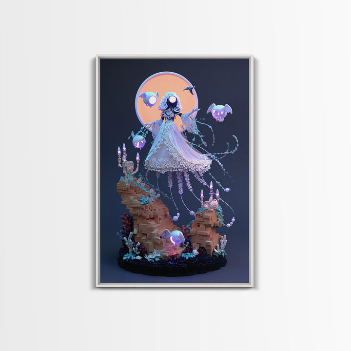 The Bride Of The Abyssal Moon, Cute Eldritch Neon Art, Vertical Wall Art, Framed Canvas Print, Retro Halloween Decor, Neon Wall Art