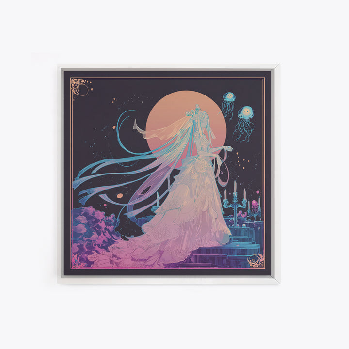 The Bride Of The Abyssal Moon, Cute Eldritch Neon Art, Square Wall Art, Framed Canvas Print, Retro Halloween Decor, Neon Wall Art
