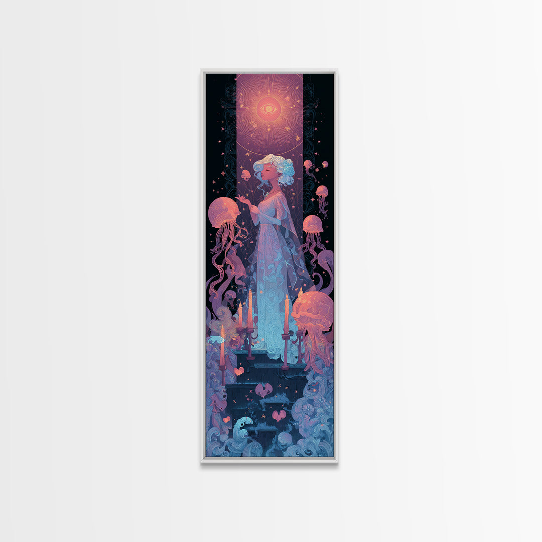 The Bride Of The Abyssal Moon, Cosmic Synthwave Horror, Tall Narrow Wall Art, Canvas Print, Retro Halloween Decor, Neon Wall Art