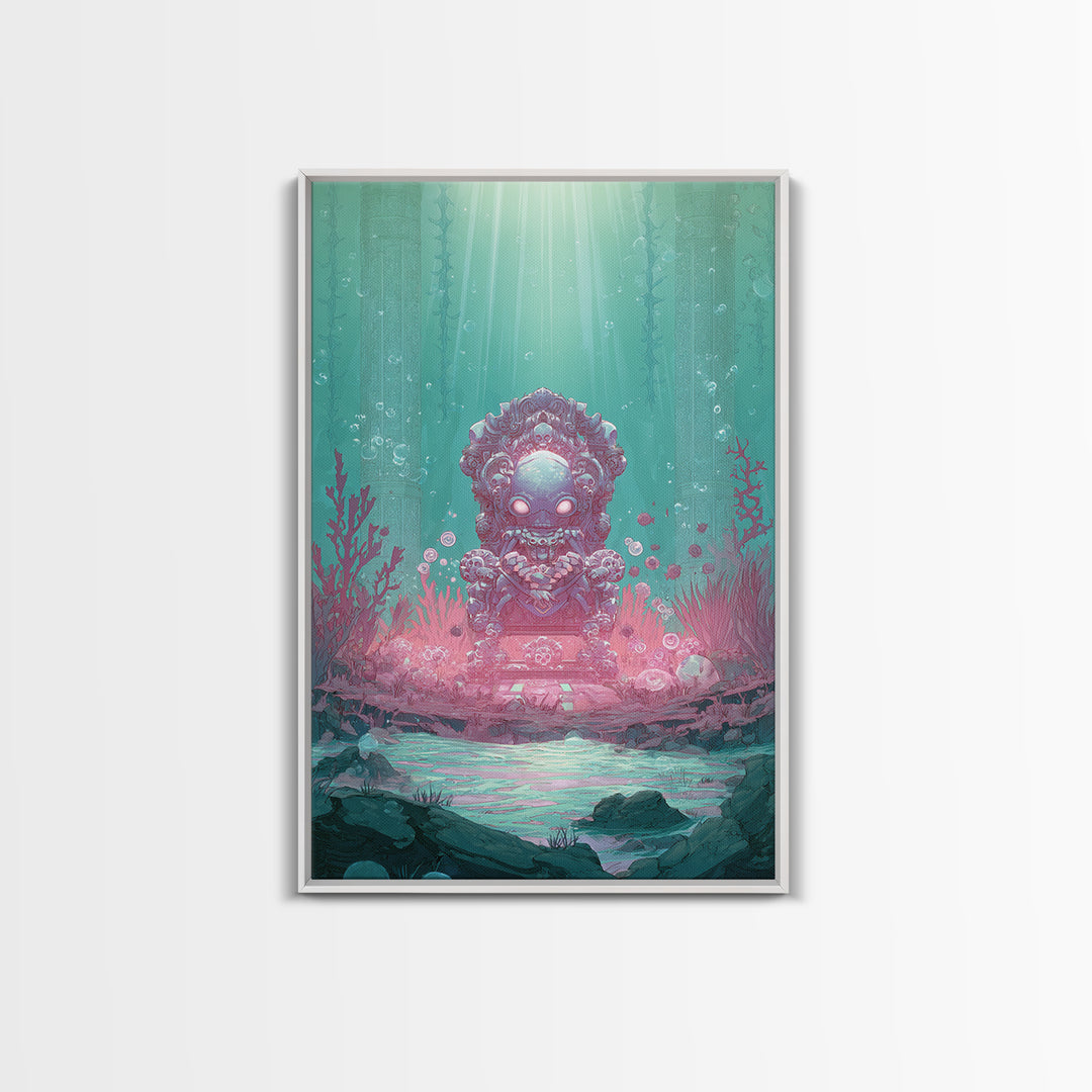 The Watcher In The Coral Throne, Retro Neon Halloween Art, Vertical Wall Art, Canvas Print, Retro Halloween Decor, Neon Wall Art
