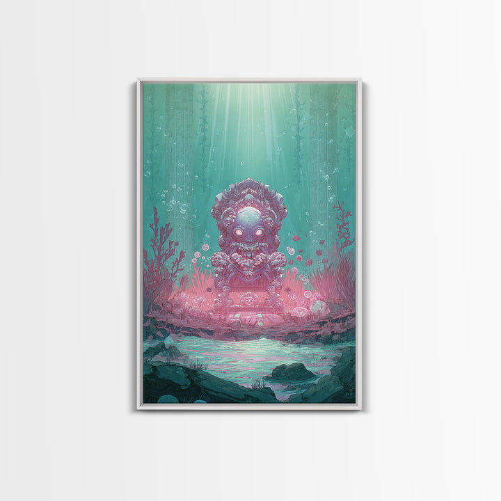 The Watcher In The Coral Throne, Retro Neon Halloween Art, Vertical Wall Art, Canvas Print, Retro Halloween Decor, Neon Wall Art