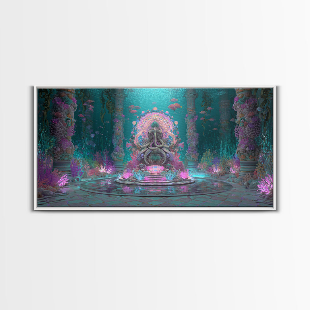 The Watcher In The Coral Throne, Vaporwave Halloween Decor, Wide Panoramic Art, Framed Canvas Print, Retro Halloween Decor, Neon Wall Art