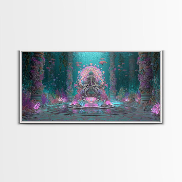 The Watcher In The Coral Throne, Vaporwave Halloween Decor, Wide Panoramic Art, Framed Canvas Print, Retro Halloween Decor, Neon Wall Art