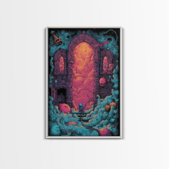 The Bellringer Of The Sunken Cathedral, Cute Eldritch Neon Art, Vertical Wall Art, Canvas Print, Retro Halloween Decor, Neon Wall Art