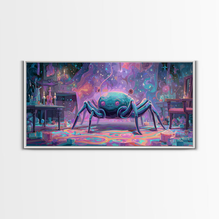 The Crawler Beneath The Floor Of Stars, Retro Neon Halloween Art, Wide Panoramic Art, Framed Canvas Print, Retro Halloween Decor