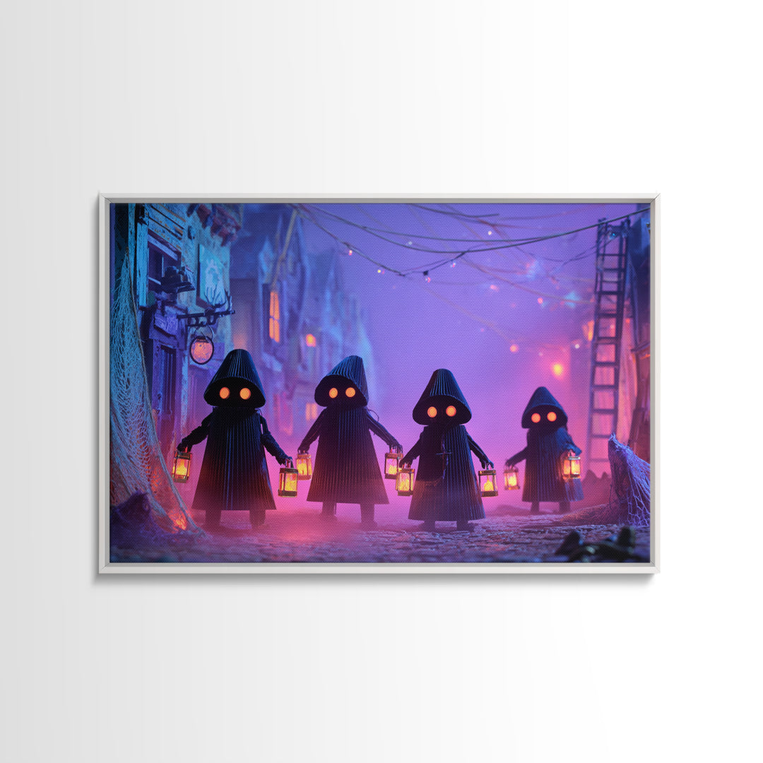 The Innsmouth Lantern Procession, Synthwave Halloween Art, Landscape Wall Art, Framed Canvas Print, Retro Halloween Decor, Neon Wall Art