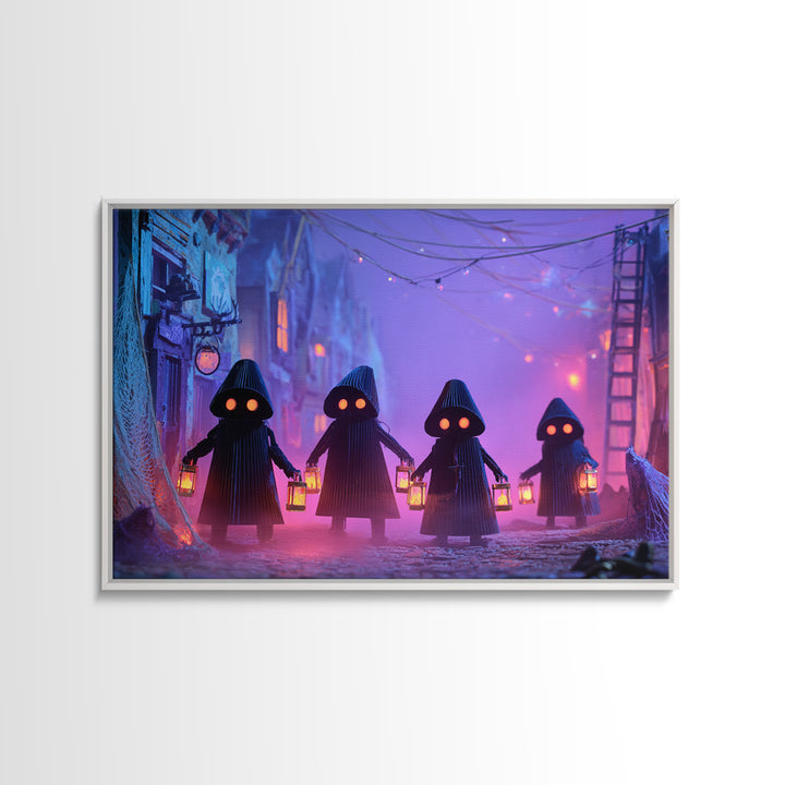 The Innsmouth Lantern Procession, Synthwave Halloween Art, Landscape Wall Art, Framed Canvas Print, Retro Halloween Decor, Neon Wall Art
