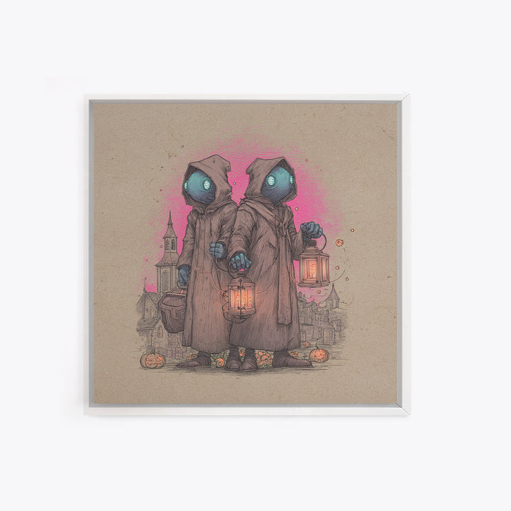 The Innsmouth Lantern Procession, 80s Halloween Wall Art, Square Wall Art, Canvas Print, Retro Halloween Decor, Neon Wall Art