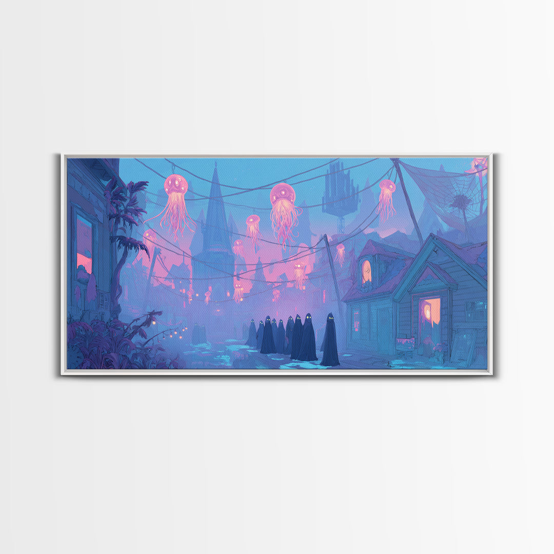 The Innsmouth Lantern Procession, Cute Eldritch Neon Art, Wide Panoramic Art, Framed Canvas Print, Retro Halloween Decor, Neon Wall Art