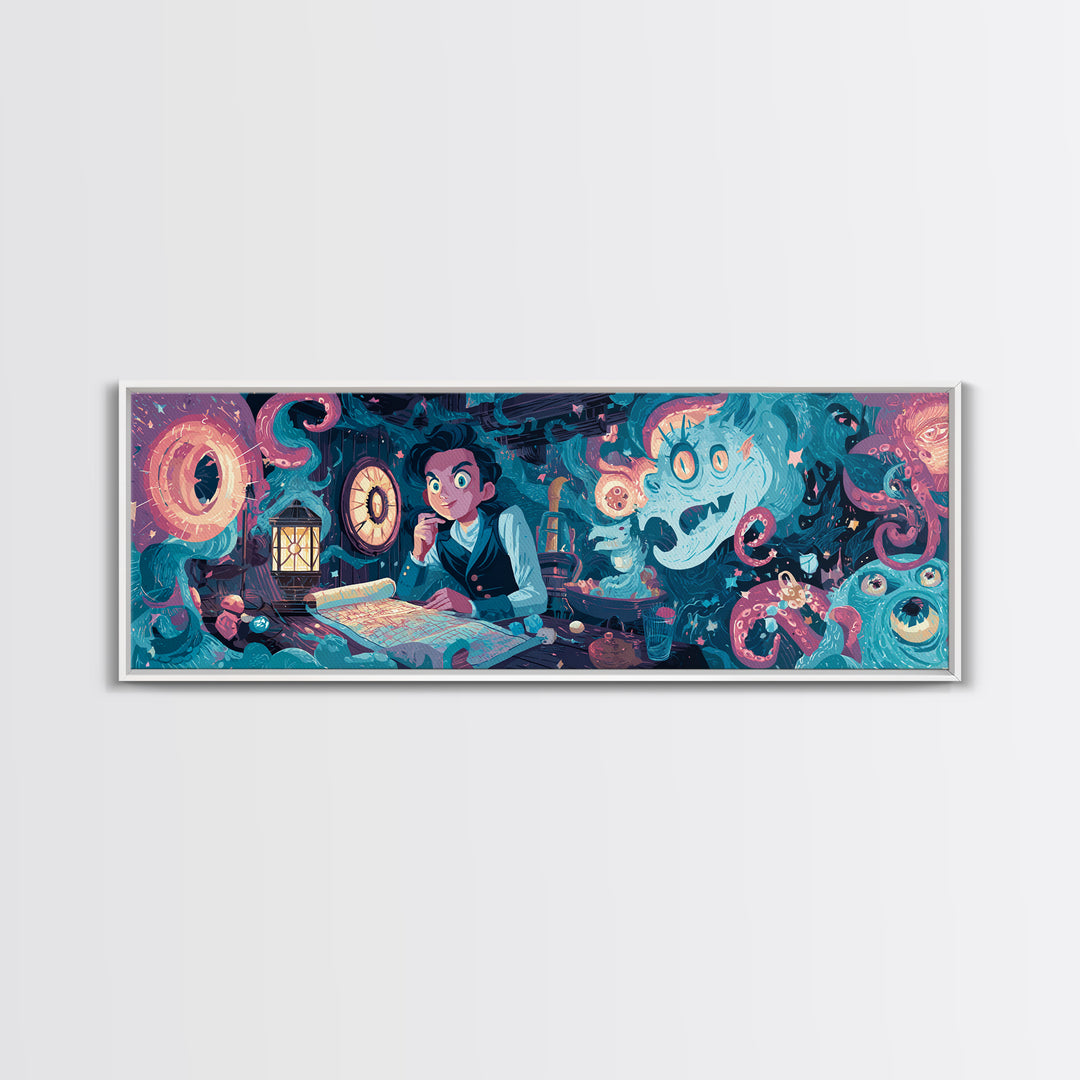 The Mapmaker Of Impossible Shores, Cosmic Synthwave Horror, Extra Wide Wall Art, Canvas Print, Retro Halloween Decor, Neon Wall Art