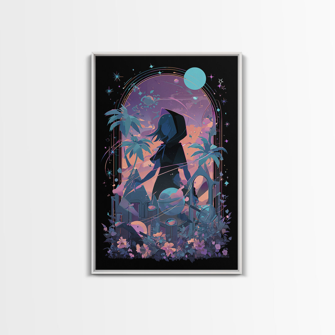 The Widow Of The Whispering Comet, Cosmic Synthwave Horror, Vertical Wall Art, Canvas Print, Retro Halloween Decor, Neon Wall Art