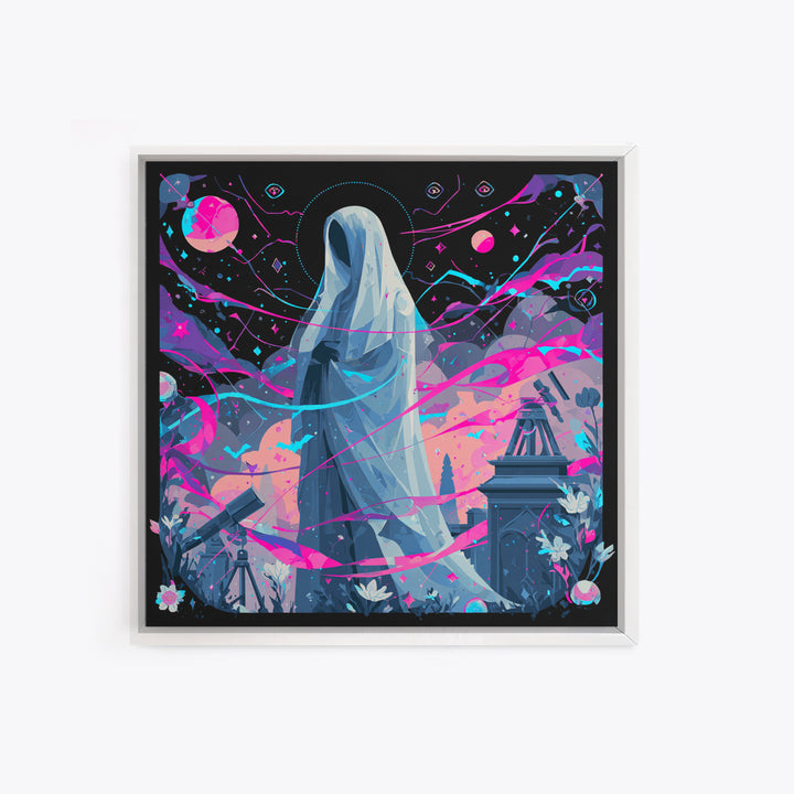 The Widow Of The Whispering Comet, Synthwave Halloween Art, Square Wall Art, Framed Canvas Print, Retro Halloween Decor, Neon Wall Art