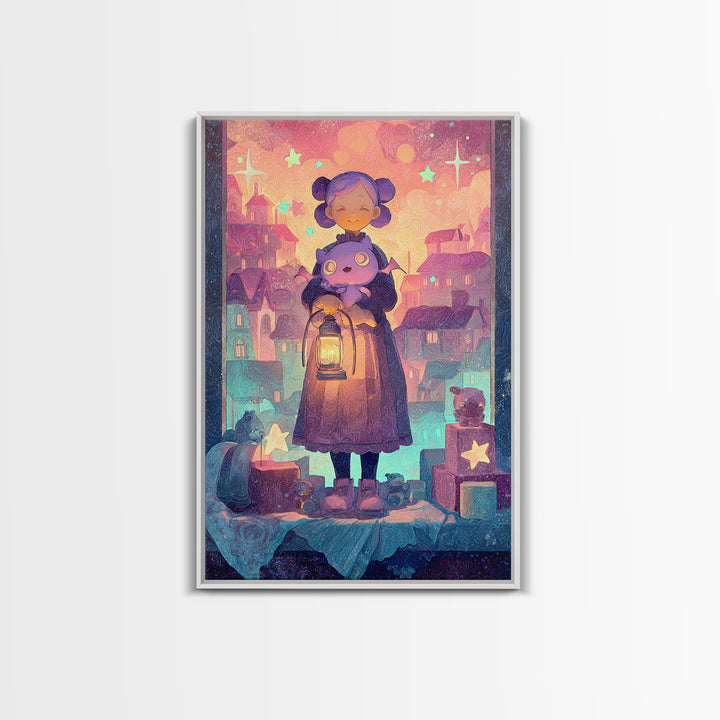 The Child Who Caught A Moon-Spawn, Vaporwave Halloween Decor, Vertical Wall Art, Framed Canvas Print, Retro Halloween Decor, Neon Wall Art