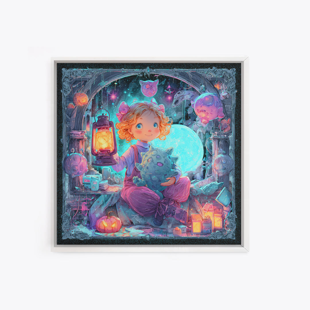 The Child Who Caught A Moon-Spawn, Vaporwave Halloween Decor, Square Wall Art, Canvas Print, Retro Halloween Decor, Neon Wall Art