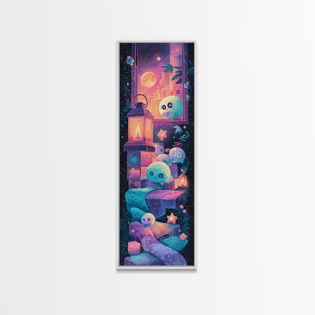 The Child Who Caught A Moon-Spawn, Synthwave Halloween Art, Tall Narrow Wall Art, Canvas Print, Retro Halloween Decor, Neon Wall Art