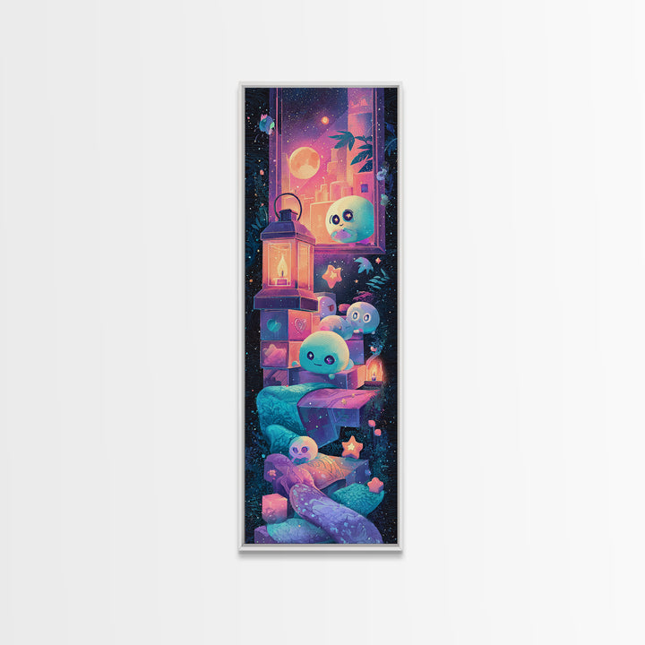 The Child Who Caught A Moon-Spawn, Synthwave Halloween Art, Tall Narrow Wall Art, Canvas Print, Retro Halloween Decor, Neon Wall Art