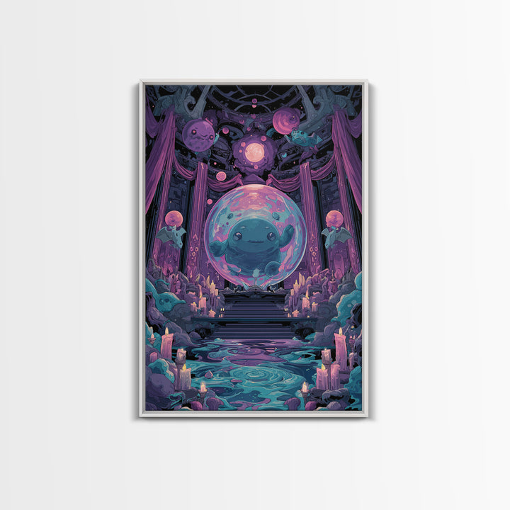 The Oracle Of The Glass Depths, Cute Eldritch Neon Art, Vertical Wall Art, Canvas Print, Retro Halloween Decor, Neon Wall Art