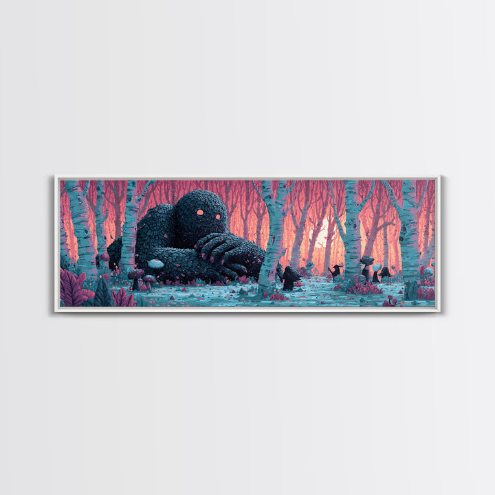The Sleeper In The Birch Grove, Cosmic Synthwave Horror, Extra Wide Wall Art, Canvas Print, Retro Halloween Decor, Neon Wall Art