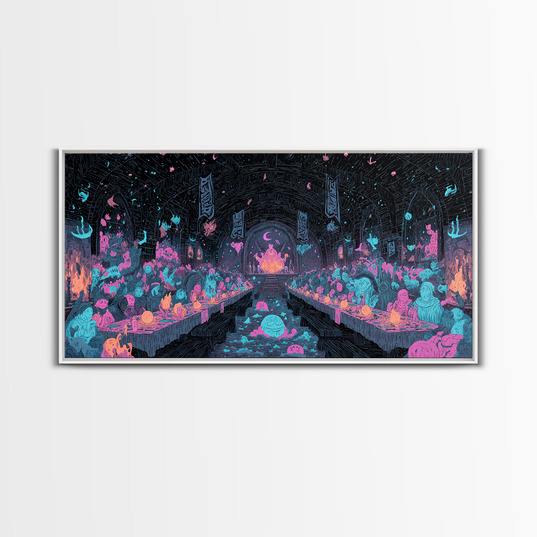 The Feast Of The Pale Cult, Synthwave Halloween Art, Wide Panoramic Art, Canvas Print, Retro Halloween Decor, Neon Wall Art