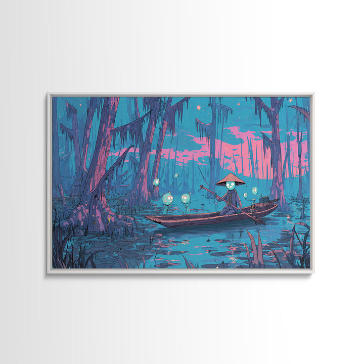 The Ferryman Of The Outer Marsh, Synthwave Halloween Art, Landscape Wall Art, Framed Canvas Print, Retro Halloween Decor, Neon Wall Art