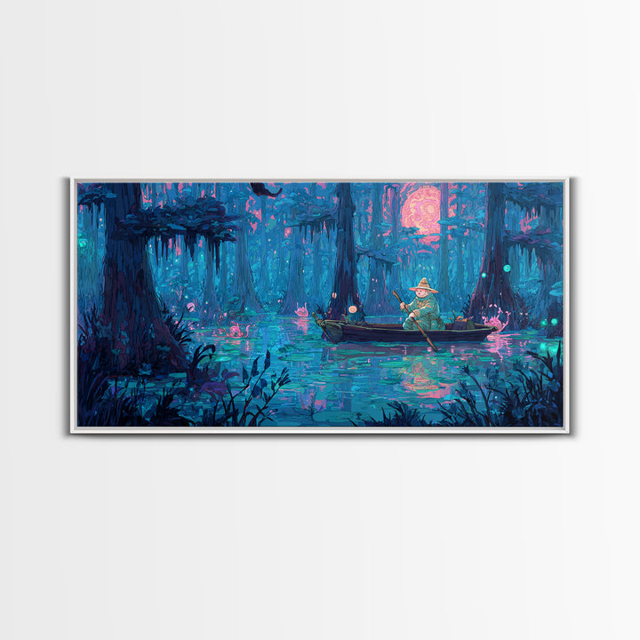 The Ferryman Of The Outer Marsh, 80s Halloween Wall Art, Wide Panoramic Art, Canvas Print, Retro Halloween Decor, Neon Wall Art