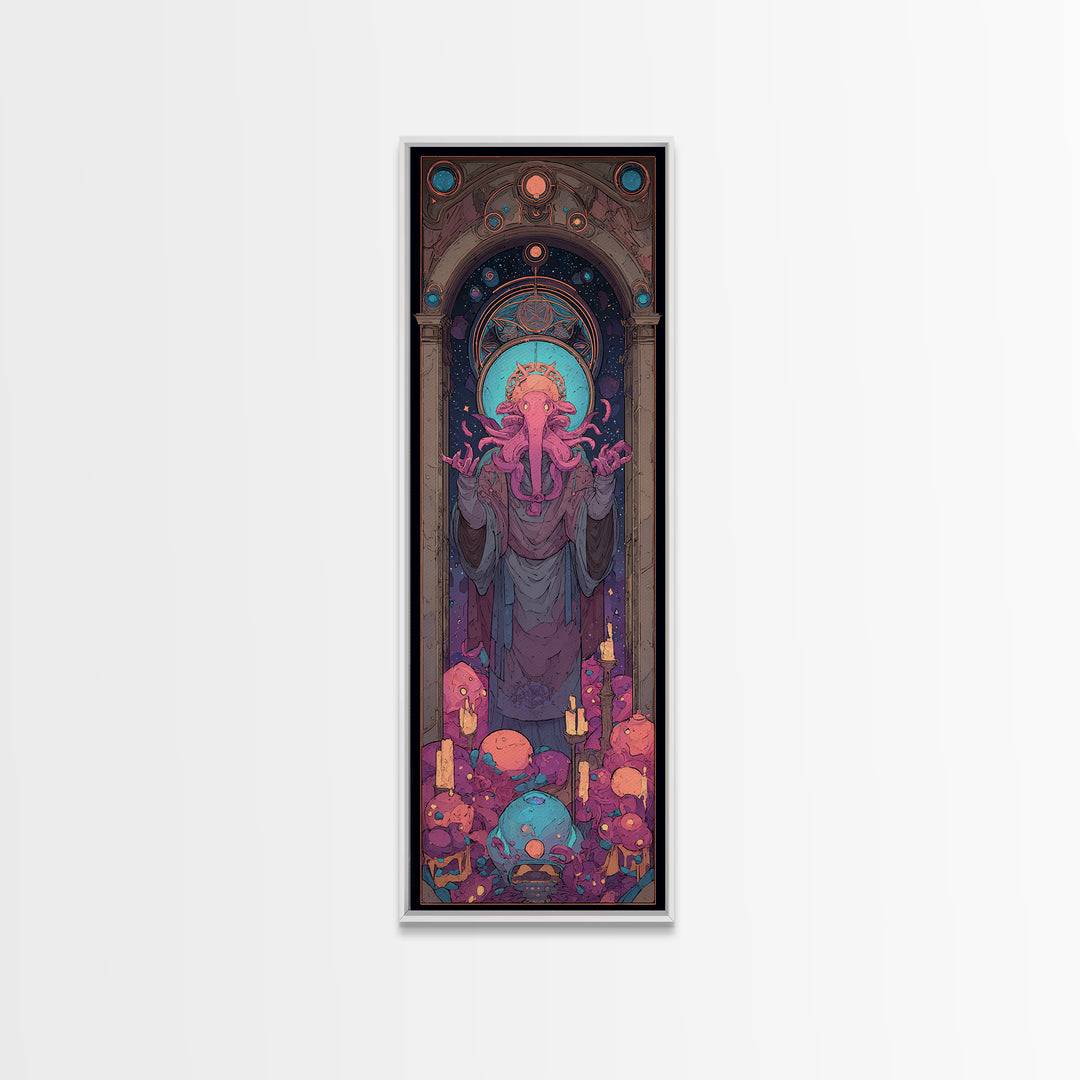 The Crown Of The Tentacled Saint, Cute Eldritch Neon Art, Tall Narrow Wall Art, Framed Canvas Print, Retro Halloween Decor, Neon Wall Art