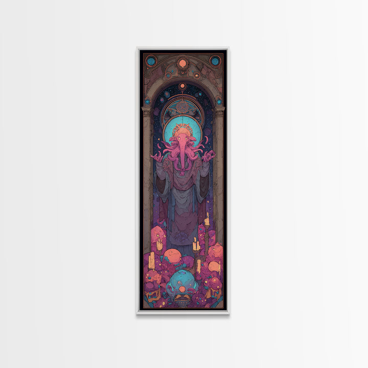 The Crown Of The Tentacled Saint, Cute Eldritch Neon Art, Tall Narrow Wall Art, Framed Canvas Print, Retro Halloween Decor, Neon Wall Art