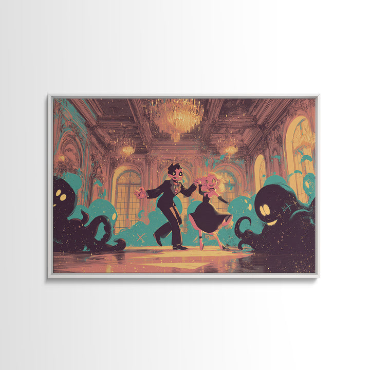 The Ballroom Of Silent Shoggoths, Synthwave Halloween Art, Landscape Wall Art, Canvas Print, Retro Halloween Decor, Neon Wall Art