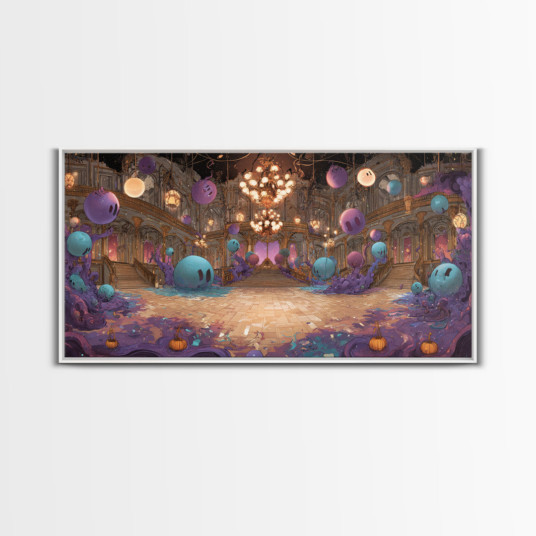 The Ballroom Of Silent Shoggoths, Cute Eldritch Neon Art, Wide Panoramic Art, Framed Canvas Print, Retro Halloween Decor, Neon Wall Art