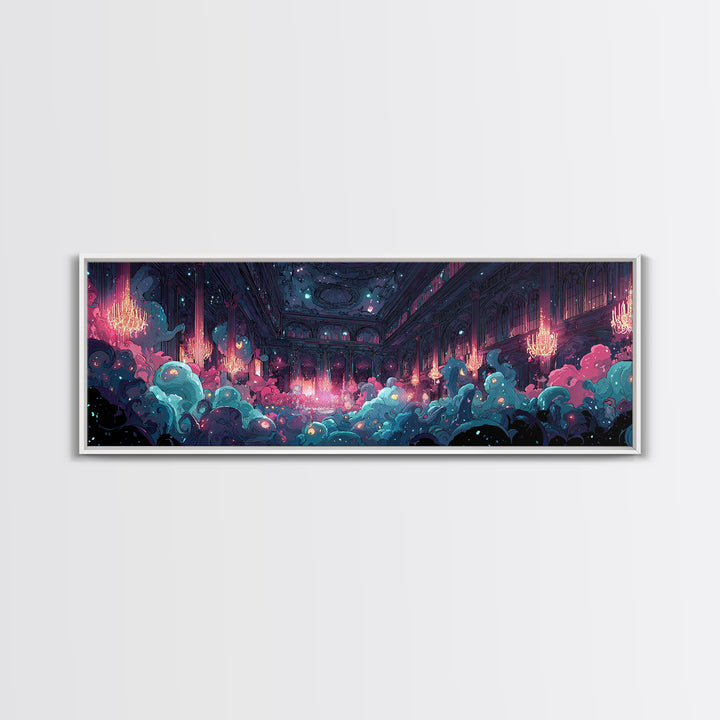 The Ballroom Of Silent Shoggoths, Cute Spooky Neon Art, Extra Wide Wall Art, Canvas Print, Retro Halloween Decor, Neon Wall Art