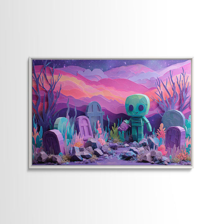 The Grave Gardener Of Yuggoth, Cosmic Synthwave Horror, Landscape Wall Art, Canvas Print, Retro Halloween Decor, Neon Wall Art