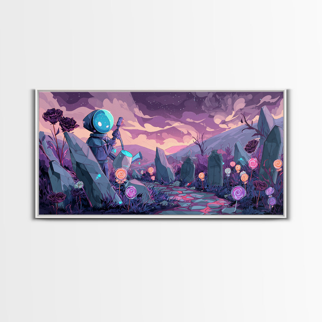 The Grave Gardener Of Yuggoth, Retro Neon Halloween Art, Wide Panoramic Art, Framed Canvas Print, Retro Halloween Decor, Neon Wall Art