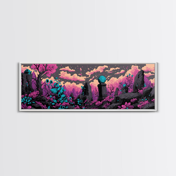 The Grave Gardener Of Yuggoth, Cosmic Synthwave Horror, Extra Wide Wall Art, Framed Canvas Print, Retro Halloween Decor, Neon Wall Art
