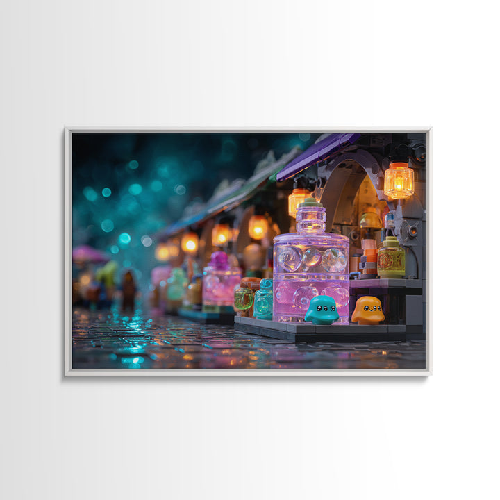 The Lantern Market Beyond The Veil, Cute Eldritch Neon Art, Landscape Wall Art, Canvas Print, Retro Halloween Decor, Neon Wall Art