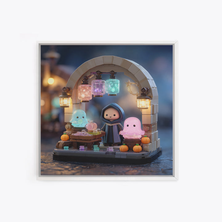 The Lantern Market Beyond The Veil, Retro Neon Halloween Art, Square Wall Art, Canvas Print, Retro Halloween Decor, Neon Wall Art