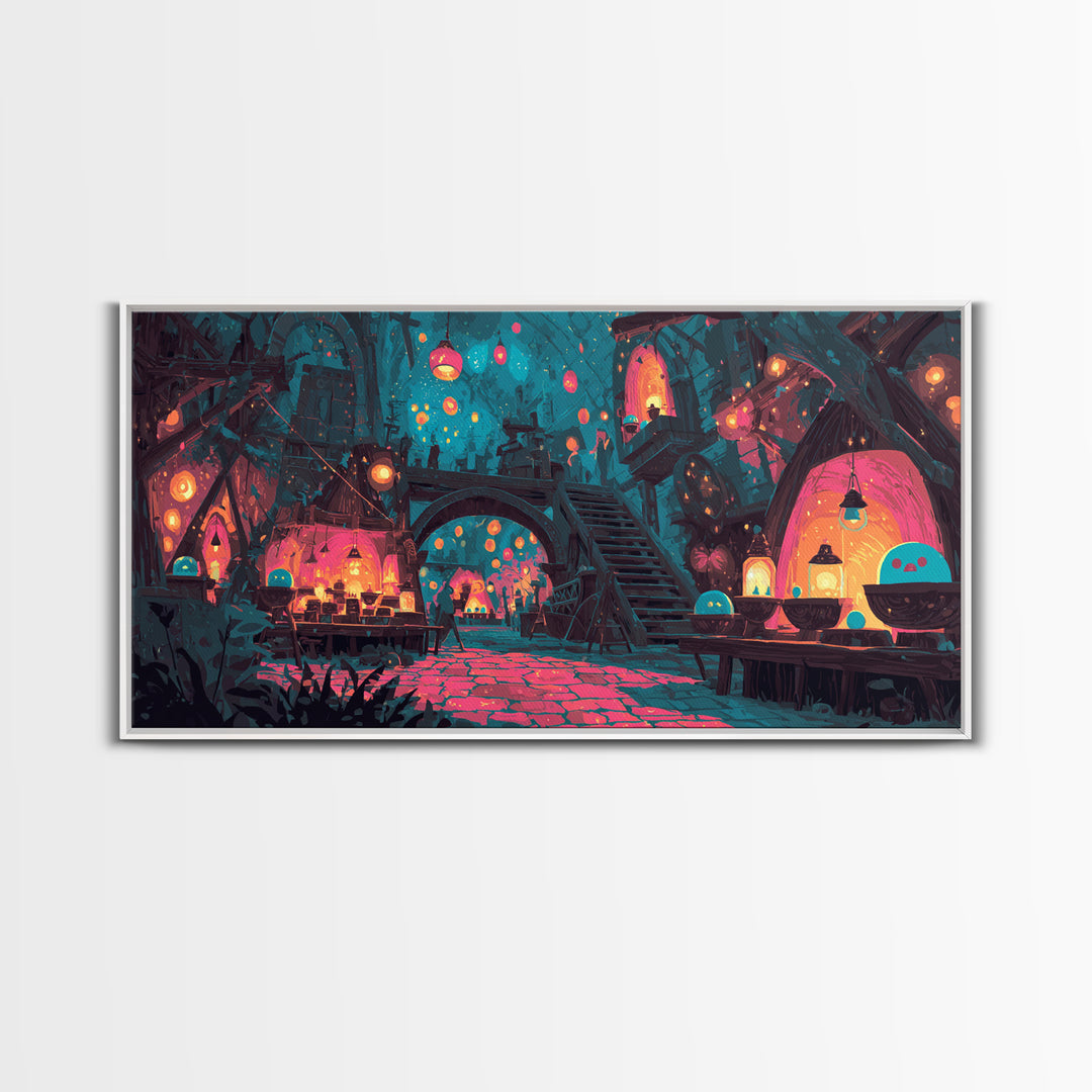 The Lantern Market Beyond The Veil, Cute Spooky Neon Art, Wide Panoramic Art, Canvas Print, Retro Halloween Decor, Neon Wall Art