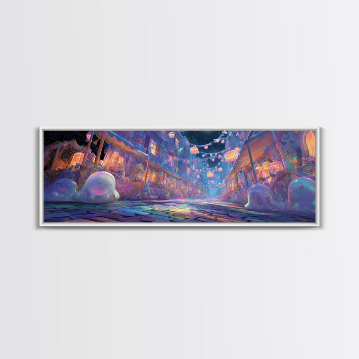 The Lantern Market Beyond The Veil, Retro Neon Halloween Art, Extra Wide Wall Art, Canvas Print, Retro Halloween Decor, Neon Wall Art