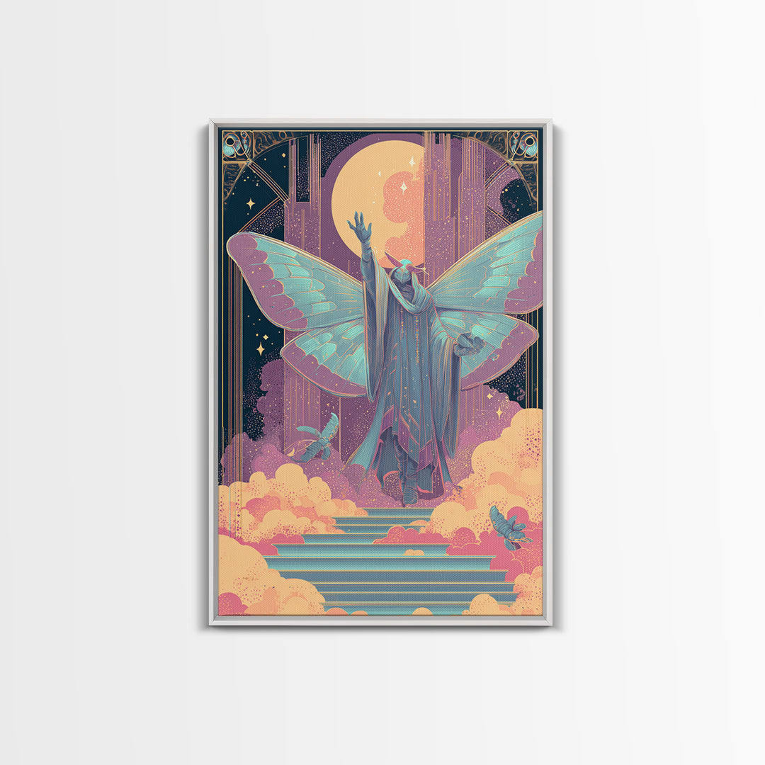 The Moth Prophet Of Kadath, Vaporwave Halloween Decor, Vertical Wall Art, Canvas Print, Retro Halloween Decor, Neon Wall Art