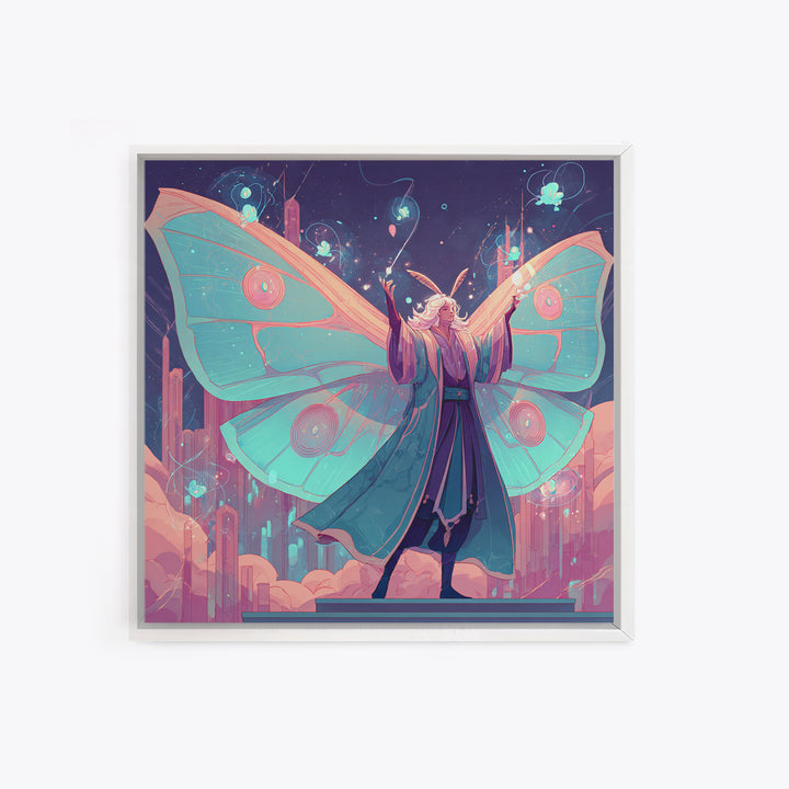 The Moth Prophet Of Kadath, Cute Spooky Neon Art, Square Wall Art, Framed Canvas Print, Retro Halloween Decor, Neon Wall Art