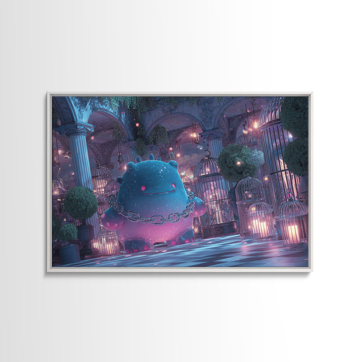 The Moonlit Shoggoth Menagerie, Vaporwave Halloween Decor, Landscape Wall Art, Framed Canvas Print, Retro Halloween Decor, Neon Wall Art