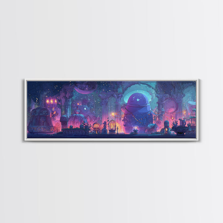 The Moonlit Shoggoth Menagerie, 80s Halloween Wall Art, Extra Wide Wall Art, Canvas Print, Retro Halloween Decor, Neon Wall Art