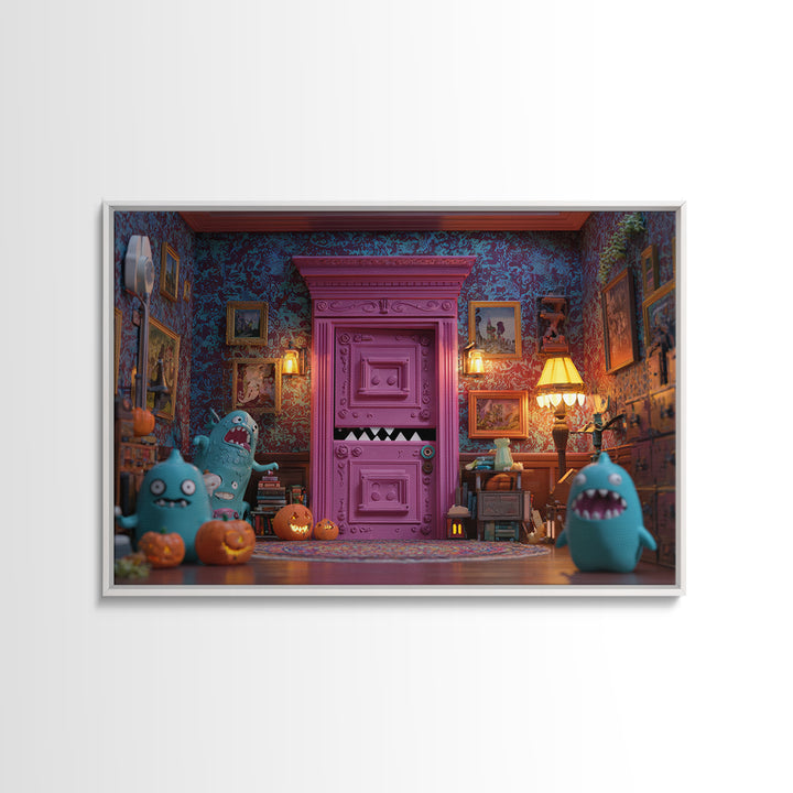 The Thirteenth Door Of Arkham House, Retro Neon Halloween Art, Landscape Wall Art, Canvas Print, Retro Halloween Decor, Neon Wall Art