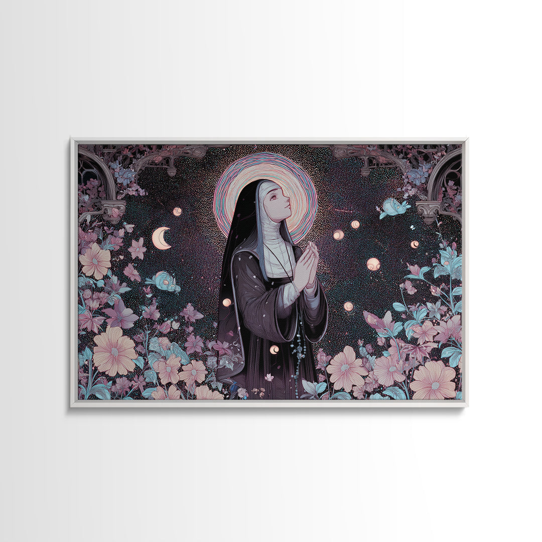 The Nun Of The Endless Constellation, Vaporwave Halloween Decor, Landscape Wall Art, Canvas Print, Retro Halloween Decor, Neon Wall Art