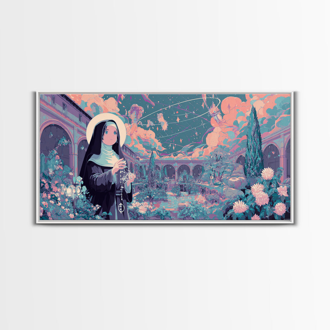 The Nun Of The Endless Constellation, Synthwave Halloween Art, Wide Panoramic Art, Framed Canvas Print, Retro Halloween Decor, Neon Wall Art