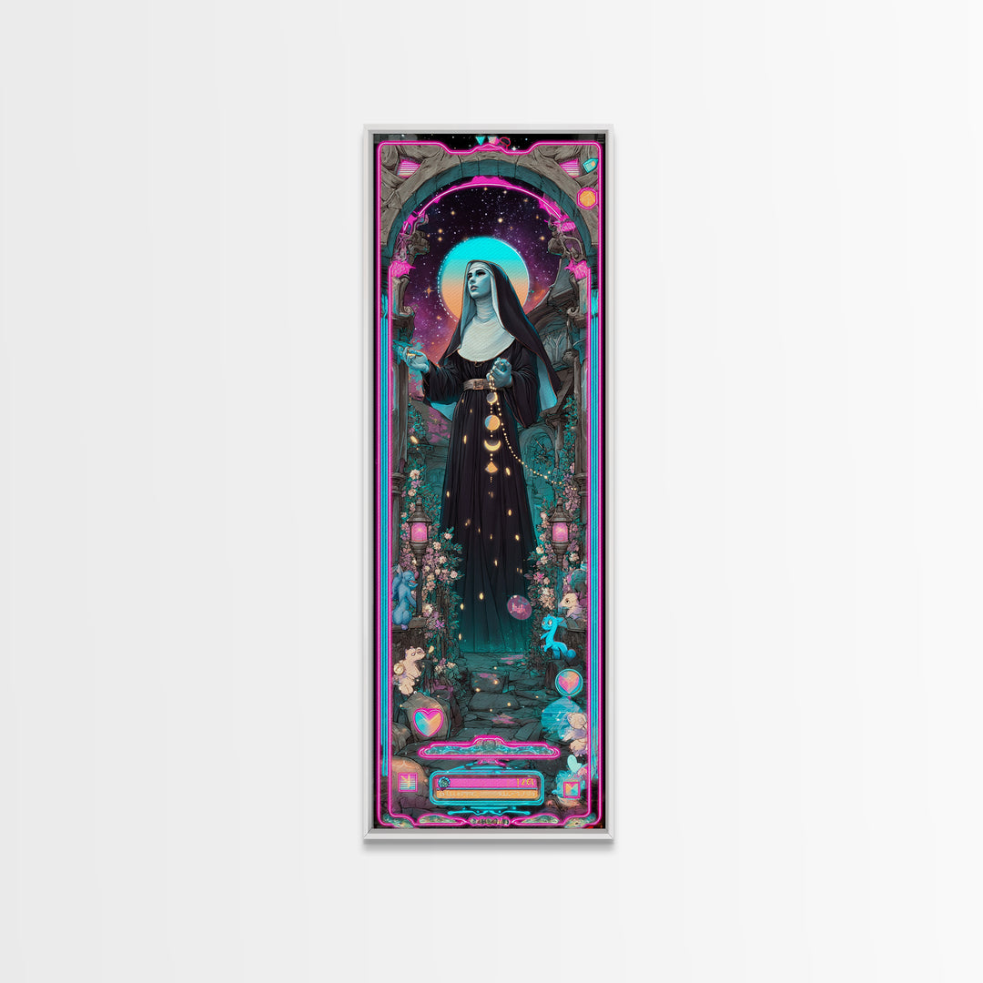 The Nun Of The Endless Constellation, Synthwave Halloween Art, Tall Narrow Wall Art, Canvas Print, Retro Halloween Decor, Neon Wall Art