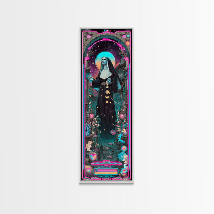 The Nun Of The Endless Constellation, Synthwave Halloween Art, Tall Narrow Wall Art, Canvas Print, Retro Halloween Decor, Neon Wall Art